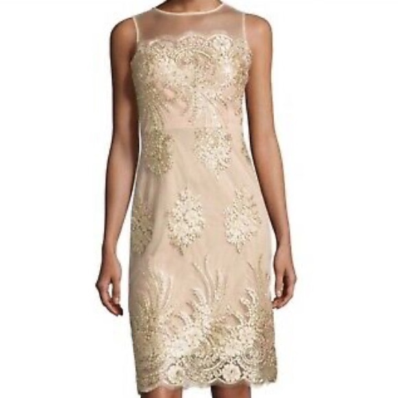 NEW Donna Ricco Mesh Midi sleeveless  Embroidered Lace Gold Overlay Dress 6 - Picture 1 of 17